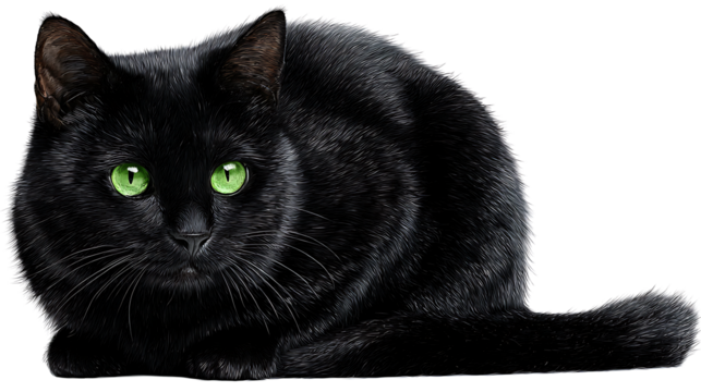 Black cat with green eyes sitting, isolated on a white background