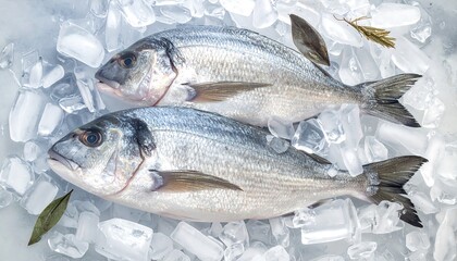 Two fresh, whole fish, a light gray color, rest atop a bed of ice cubes.