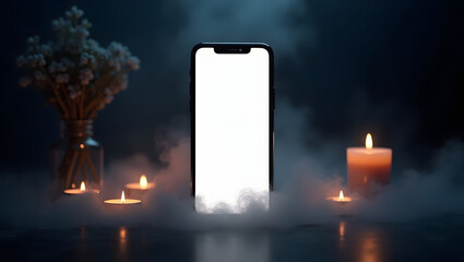 HD Realistic Phone Mockup Surrounded by Cinematic Smoke, Candles, and Neon Lights