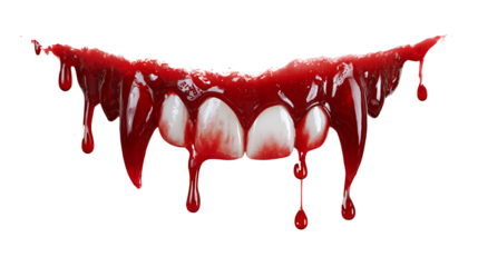 Vampire fangs with blood drops, isolated on a white background