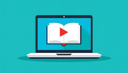 A modern laptop computer screen displays an open book with a play button, signifying online educational resources.