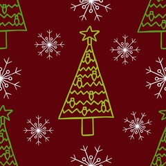 Christmas trees and snowflakes on a red background raster seamless pattern, perfect for Christmas and New Year design, wrapping paper, prints, wallpaper and more.