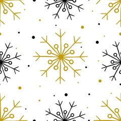 Golden and black snowflakes on a white background raster seamless pattern