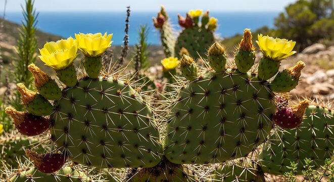 Blooming prickly pear cactus with yellow flowers by the sea.