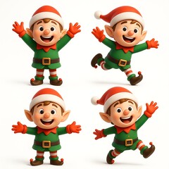A set of for Christmas Elves, different poses and expressions, isolated on a white background