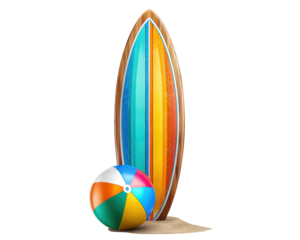 Colorful surfboard with vibrant stripes stands upright in sand beside multicolored beach ball, evoking playful summer beach atmosphere and outdoor fun