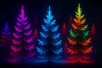 Colorful neon pine trees, black background