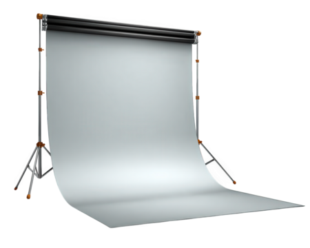 Photography studio backdrop with seamless paper roll, metal support stand, and soft lighting, ideal for portrait or product photography, professional and neutral background
