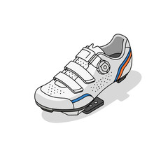 White cycling shoe with three velcro straps, a dial, and a cleat attached to the sole.
