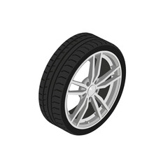 Obraz premium A realistic 3D rendering of a car wheel with a sleek silver alloy rim and a performance tire.