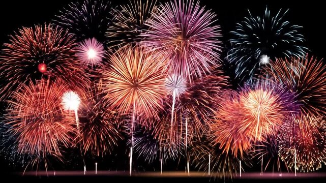 Vibrant bursts of fireworks illuminate a dark night sky, creating festive reflections