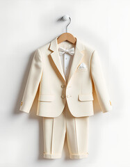 Cream-Colored Child's Formal Suit Hanging on Wooden Hanger