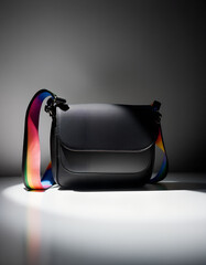 Stylish Black Crossbody Bag with Rainbow Strap - Product Photography