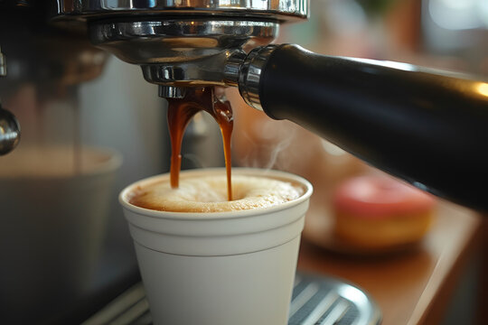 Freshly brewed coffee filling foamy to-go cup with donut