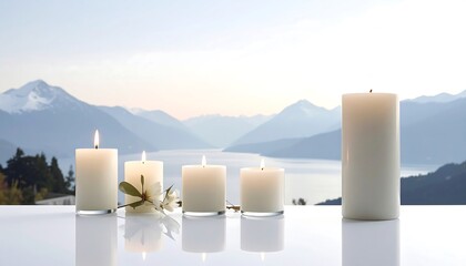 Four elegant pillar candles in soft light, displayed against a serene backdrop of mountains and a tranquil lake, evoke a peaceful ambiance.