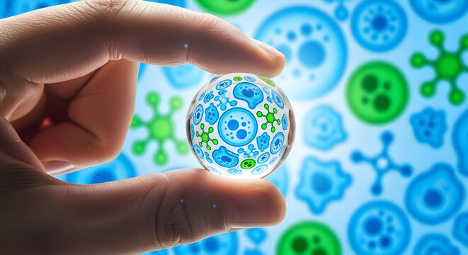 A hand holding a crystal ball with a detailed illustration of microscopic organisms, science concept.