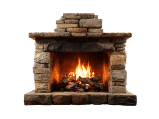 Rustic stone fireplace with glowing embers and burning logs hearth, Isolated On Png Transparent Background
