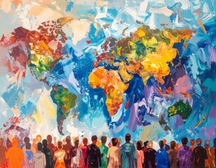 Colorful world map painting with diverse group of people looking up at it.