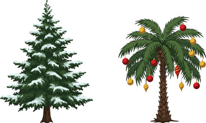 Snow-covered Christmas pine tree, tropical palm tree with ornaments, festive holiday contrast, winter and summer celebration, seasonal vector illustration © Sabbir's World