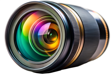 Professional camera lens close-up with vibrant light reflections revealing optics