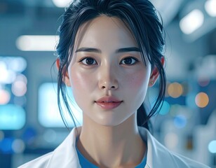 Close-up portrait of a young Asian woman in a lab coat, looking directly at the camera with a soft expression.