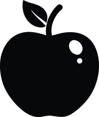 Simple black silhouette of a ripe apple with a stem and leaf symbolizing healthy food and nutrition