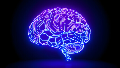 Futuristic glowing digital brain circuit on a dark background, representing artificial intelligence and advanced technology