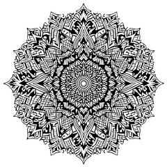 Fototapeta premium Monochrome circular geometric pattern with intricate details, an abstract spiritual flux design for mindfulness and relaxation