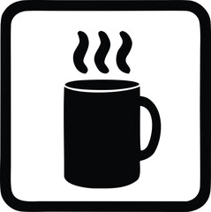 Simple black silhouette of a steaming mug with handle on white square background for coffee tea hot beverage icon
