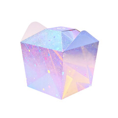 Sparkling iridescent takeout box with a holographic geometric pattern, perfect for packaging gifts or food with a festive flair