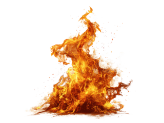 Fiery orange and yellow flames with white splashes fire burning, Isolated On Png Transparent Background