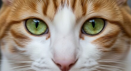Close-up of a domestic cats face with striking green eyes and orange and white fur.