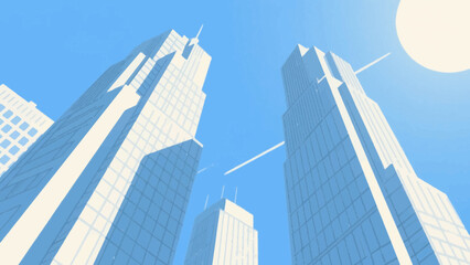 Low angle view of city skyscrapers against a bright blue sky in daytime illustration
