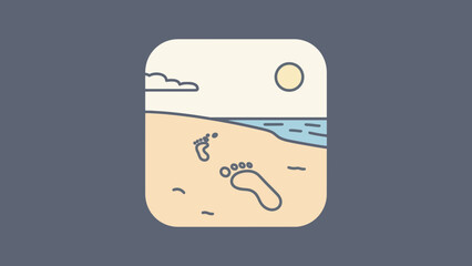 Minimalist beach illustration with footprints in the sand and a calm sea view