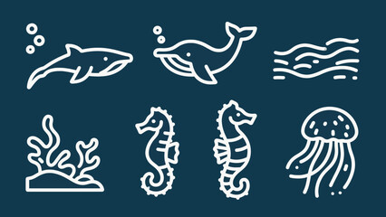 Marine wildlife line art illustration featuring ocean animals and underwater plants