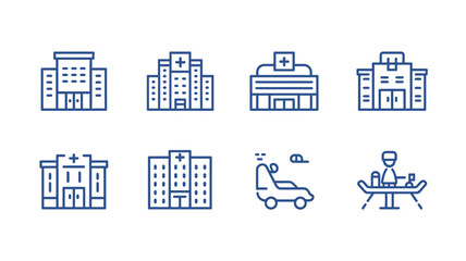 Medical icons set featuring hospital buildings and patient care in linear style