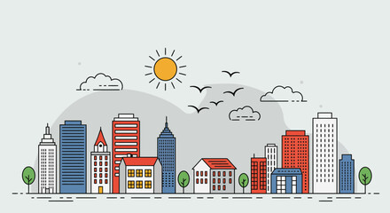 Minimalist cityscape illustration with stylized buildings, sun, and birds in flight