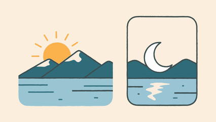 Minimalist landscapes showcasing day and night with mountains, water and sun and moon