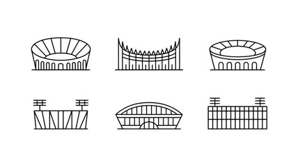 Minimalist vector illustration of diverse stadium designs for sports and events