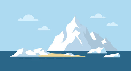 Minimalist iceberg landscape illustration featuring a mountain and clouds in a serene scene