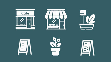 Minimalist vector icons depicting cafe, shop, plants, and menu board design