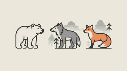 Minimalist wildlife illustration featuring a bear, wolf, and fox in nature scene