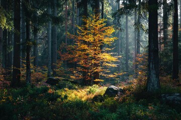 Obraz premium Light in autumn forest. High quality