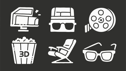 Movie night icons featuring 3D glasses, popcorn, theater seats, and film reel