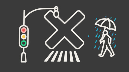 Pedestrian safety crossing illustration with traffic lights and rainy weather icon