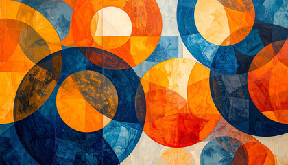 Abstract geometric composition of overlapping circles in blue orange and white hues