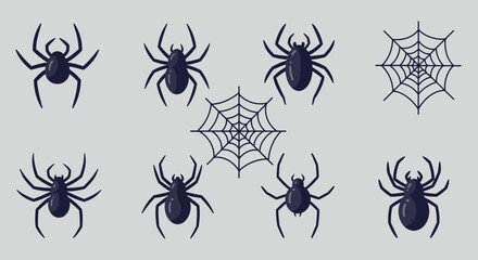 Spooky spiders and webs illustration in dark blue against a light gray background