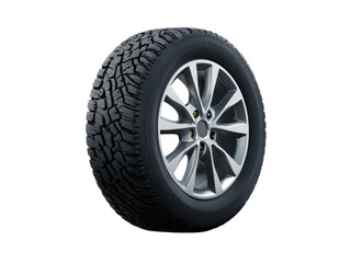 Obraz premium Treaded rubber tire with silver alloy wheel image, Isolated On Png Transparent Background
