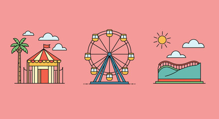 Whimsical amusement park illustration featuring a Ferris wheel and roller coaster