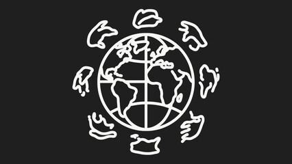 White outline of a globe surrounded by hand silhouettes against a black backdrop